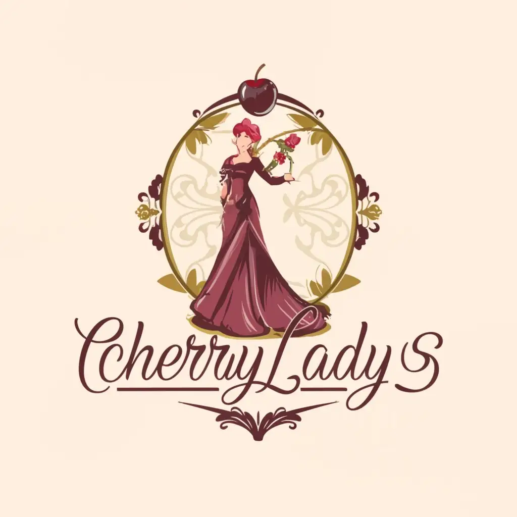 a logo design,with the text 'CherryLadys', main symbol:Cherry and women, flowers with big thumbnail, royal color, clothes,Moderate,clear flowers background 