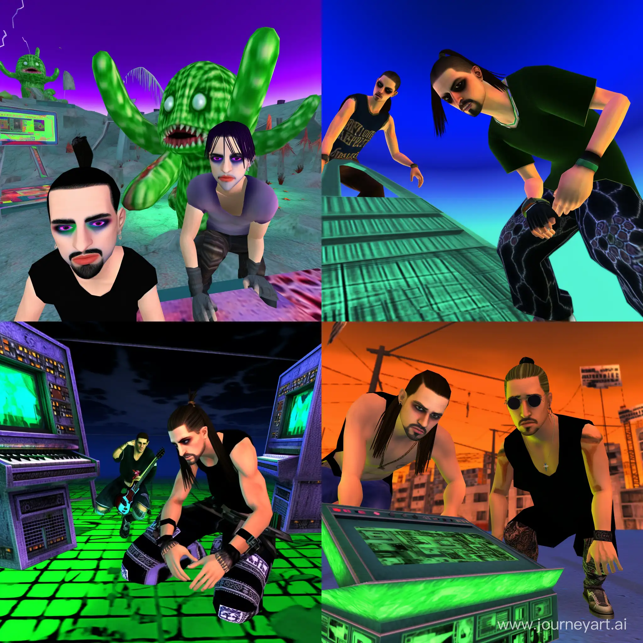 pixelated glitchart of DJ-duo Dimitri Vegas and Like Mike, ps1 playstation psx gamecube game radioactive dreams screencapture, bryce 3d --style ddCHhSumaNyOrL1Q