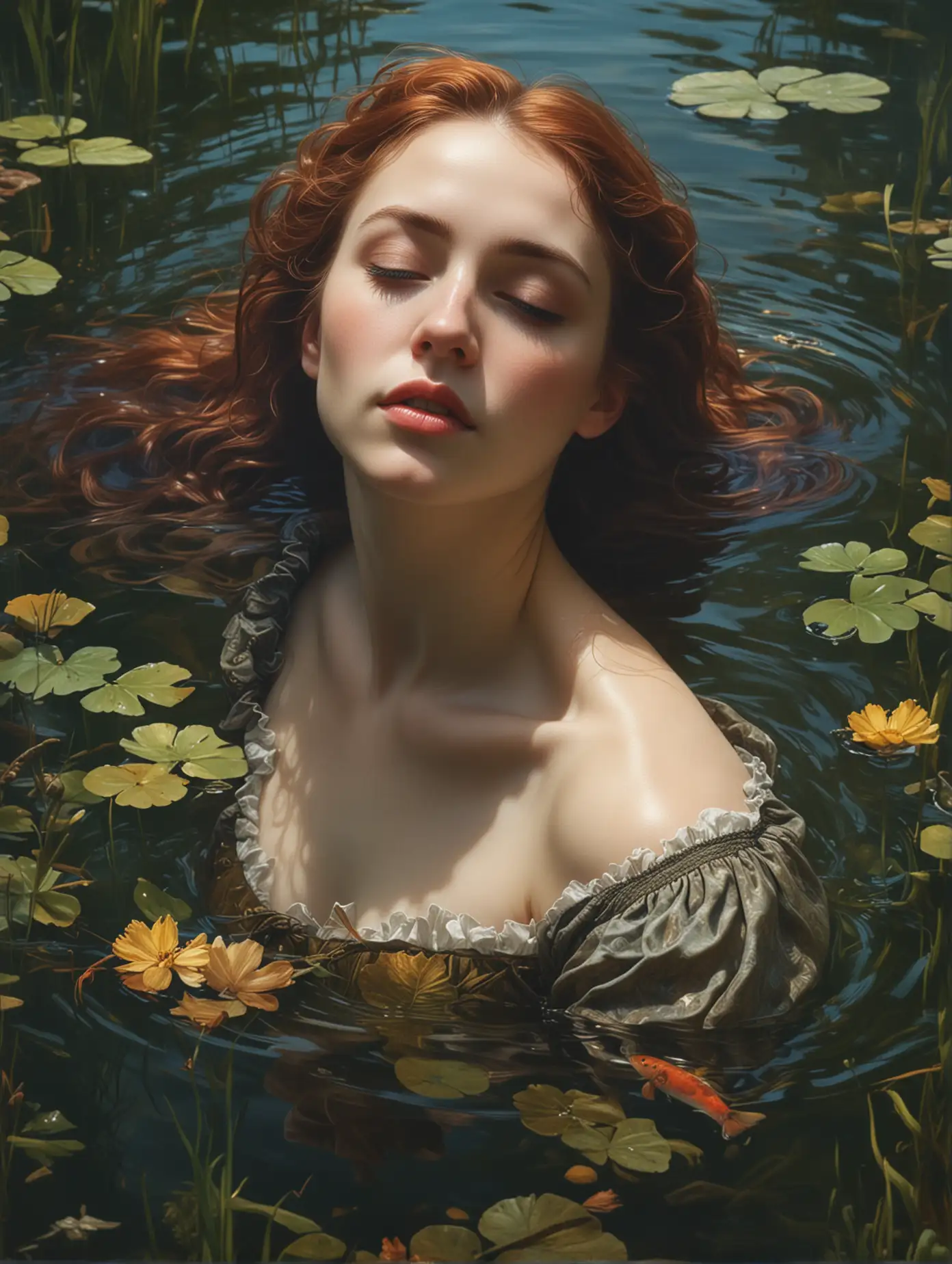 Ophelia's dream, close up of lady in the lake, Low saturation colour photography, Warm Lighting Style, vintage, top light, masterful painting in the style of John Everett Millais, | Marco Mazzoni | Yuri Ivanovich, Todd McFarlane, Aleksi Briclot, oil on canvas, highly detailed