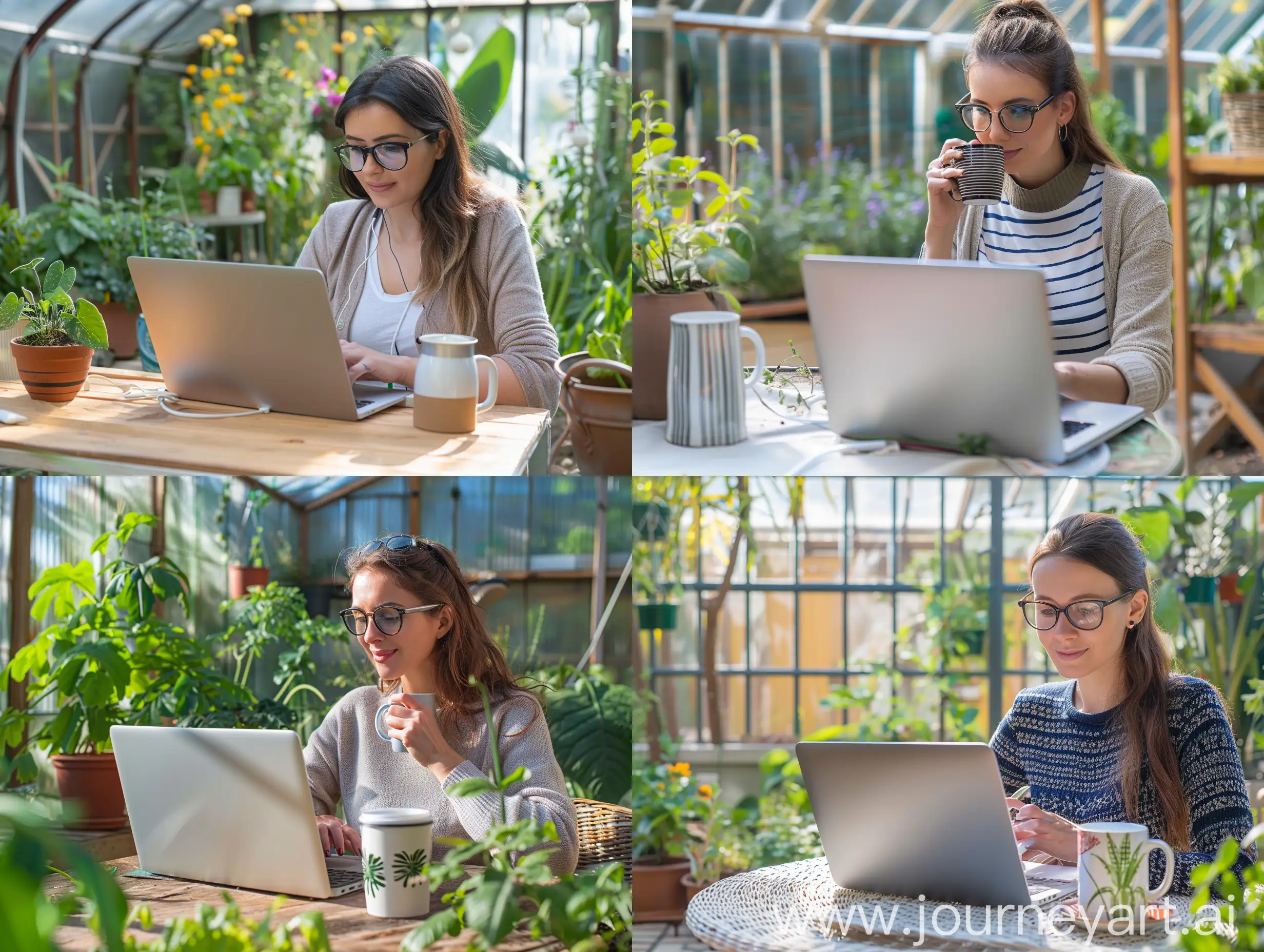 Young female gardener in glasses using laptop, communicating on internet with customer in home garden/greenhouse, reusable coffee/tea mug on table. Office workplace, remote work, E learning concept 