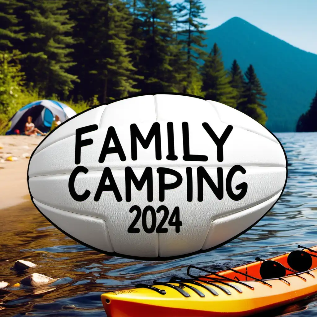 A picture with a volleyball, kayak with the exact words "Family Camping 2024"