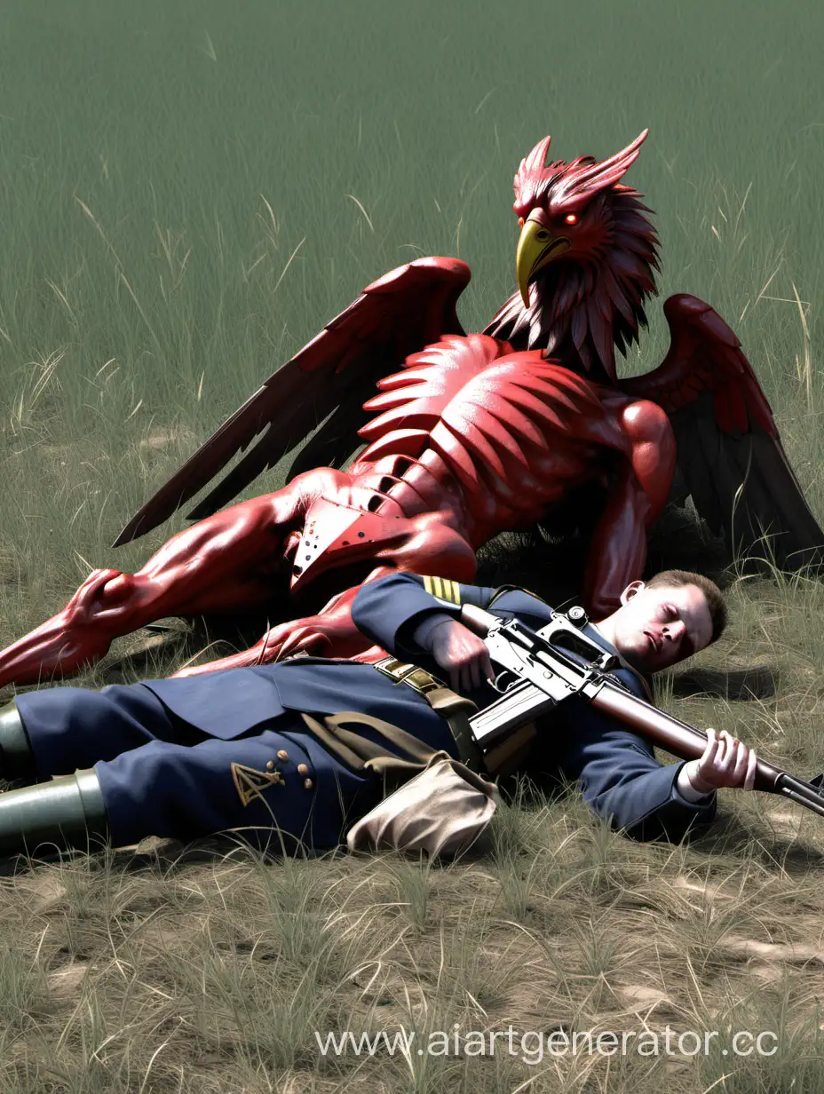 Красный грифон раненый лежит около мертвого солдата с автоматом в поле
