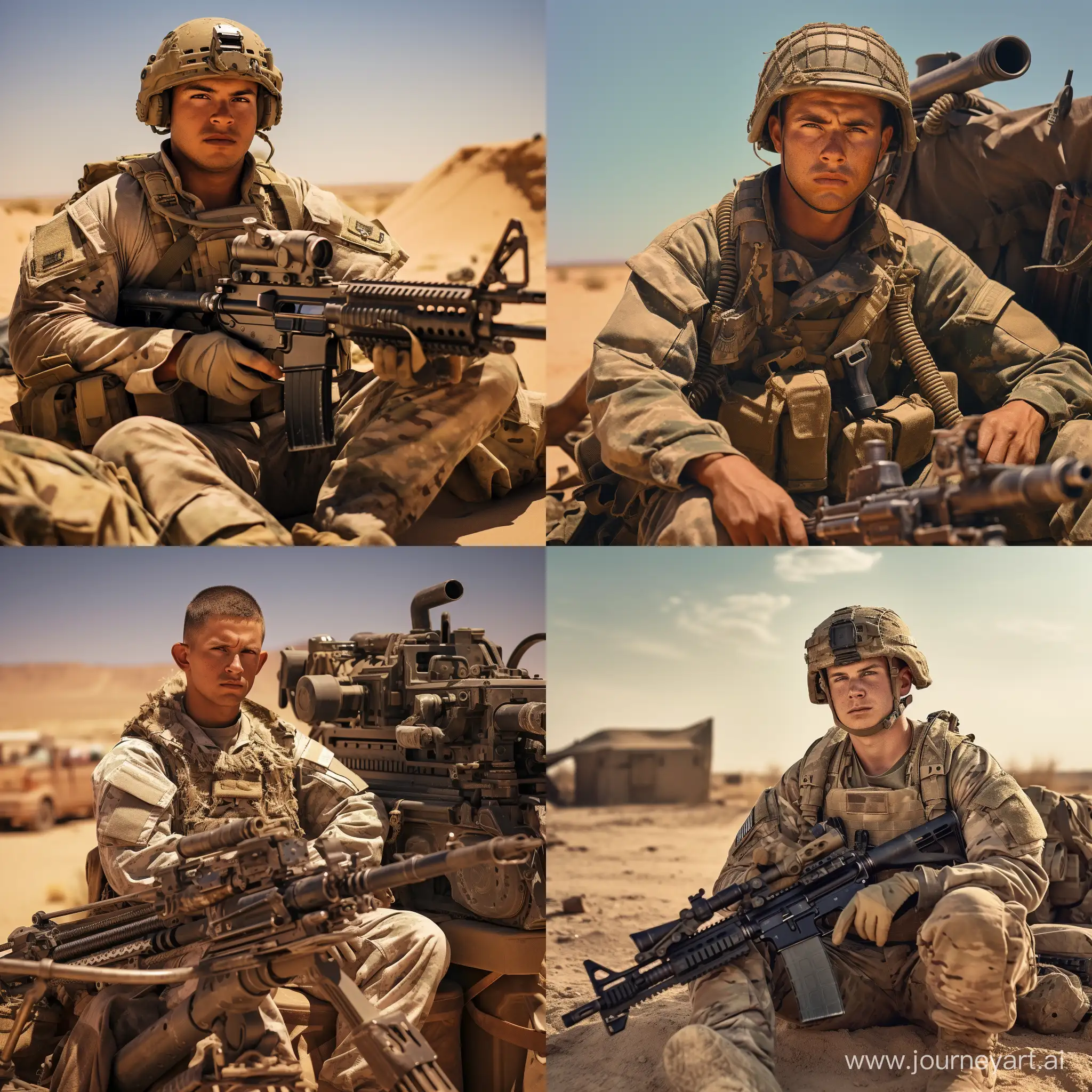 Военный армии США в пустынной форме сидит за пулемёт M2 Browning