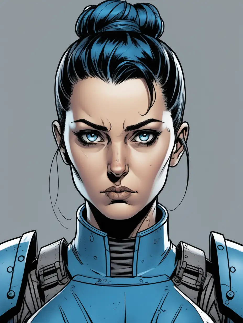inked comic book art style, close up portrait of a polish woman, hazel eyes, black hair in a single bun. Looks tired and determined. She is wearing ocean blue power armor over torso. Grey background.