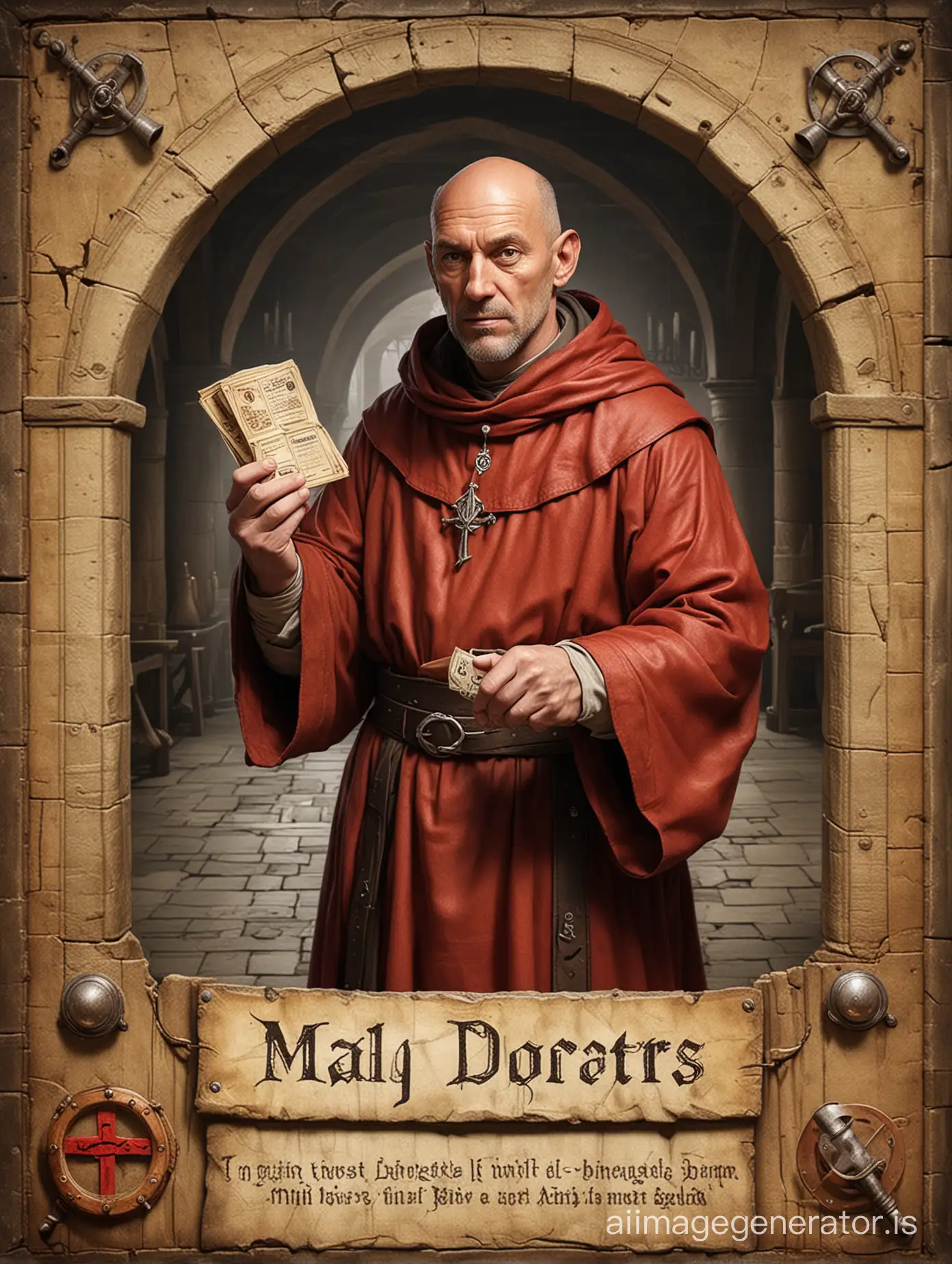 create a board game card representing a medieval inquisitor monk priest, in a monastery, aged 50, specialist in torture