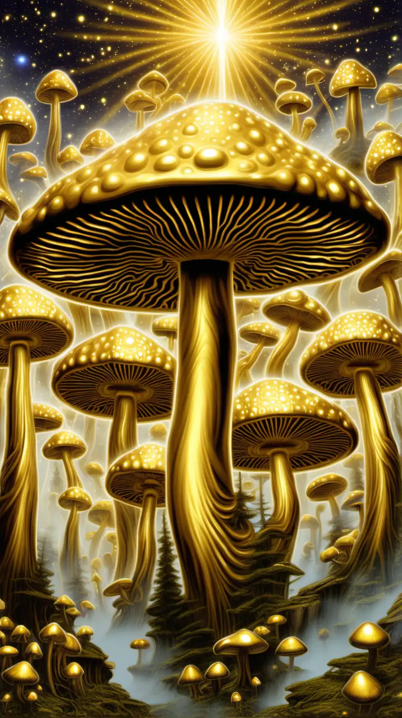 Enchanting Psilocybin Mushroom Deities Emitting Golden Light