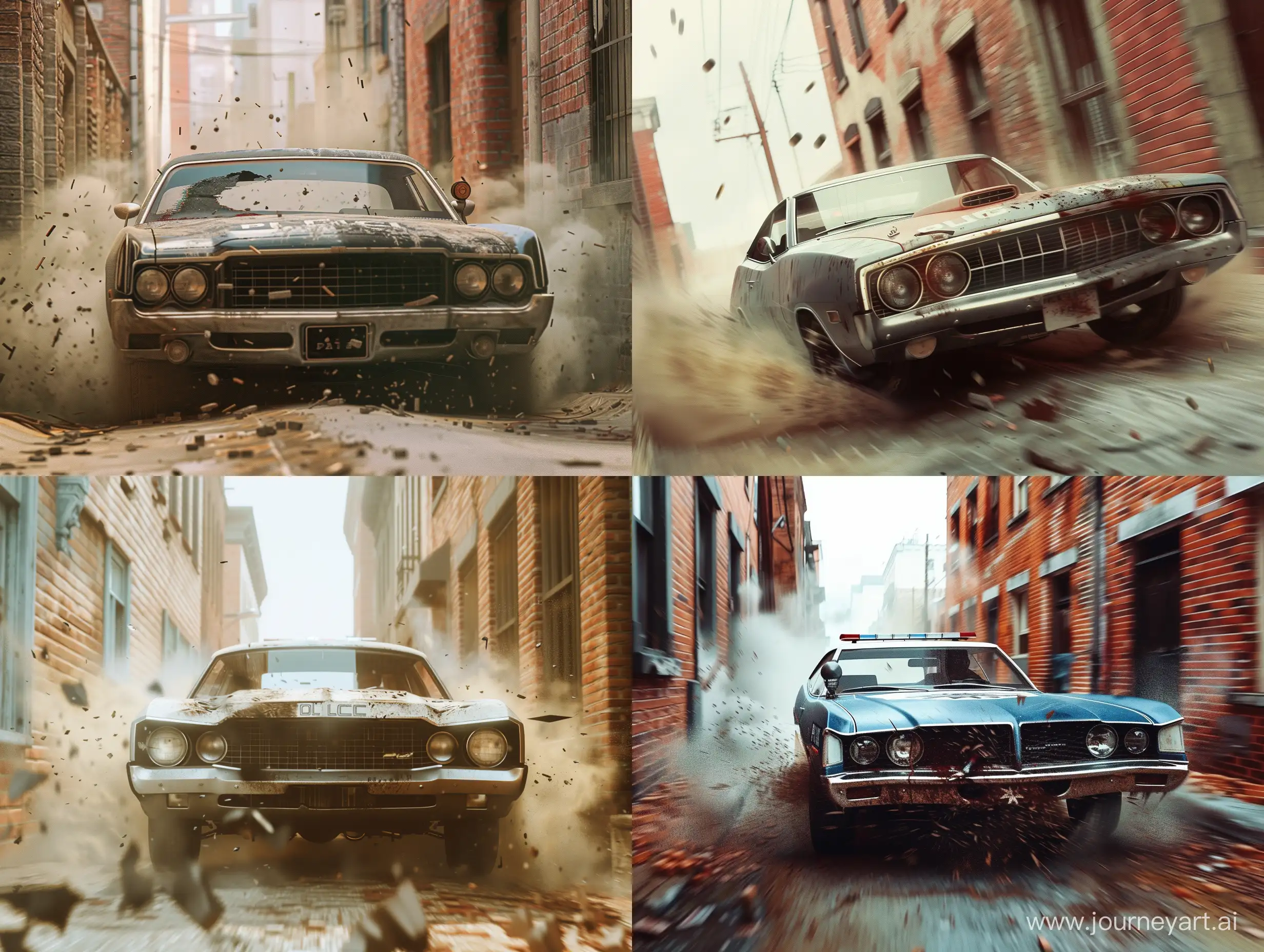 Photorealism, Retro, 1970s, America, Chase Scene, Vintage Police Car, Battered Body, Bullet Tracks, Sense of Speed, Blur, Alley, Brick Buildings, Debris in the Air, Dust in the Air, Cinematic Camera Angle, Color Grading