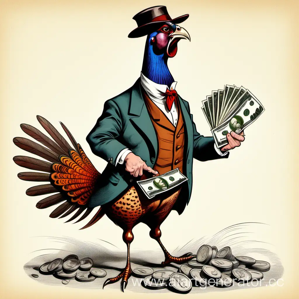 карикатура, на которой фазан держит в руках деньги, которые украл