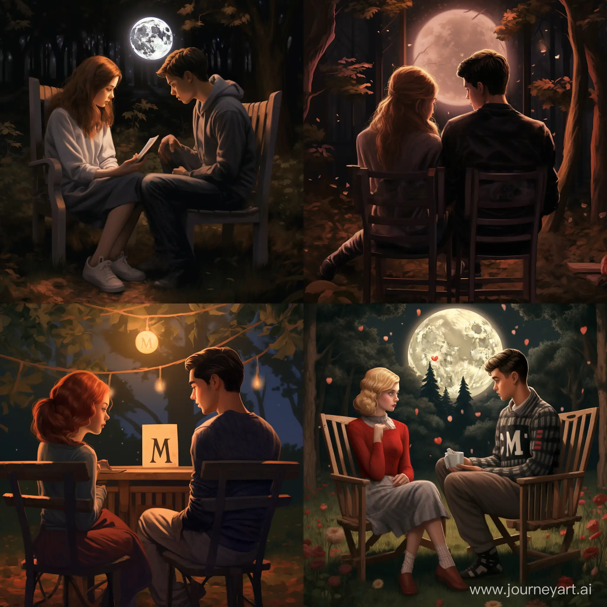 A young man and a girl are sitting on a chair in a garden, in the moonlight, wearing a sweater. The girl has the letter M written on her sweater, and the boy has the letter A written on his sweater.