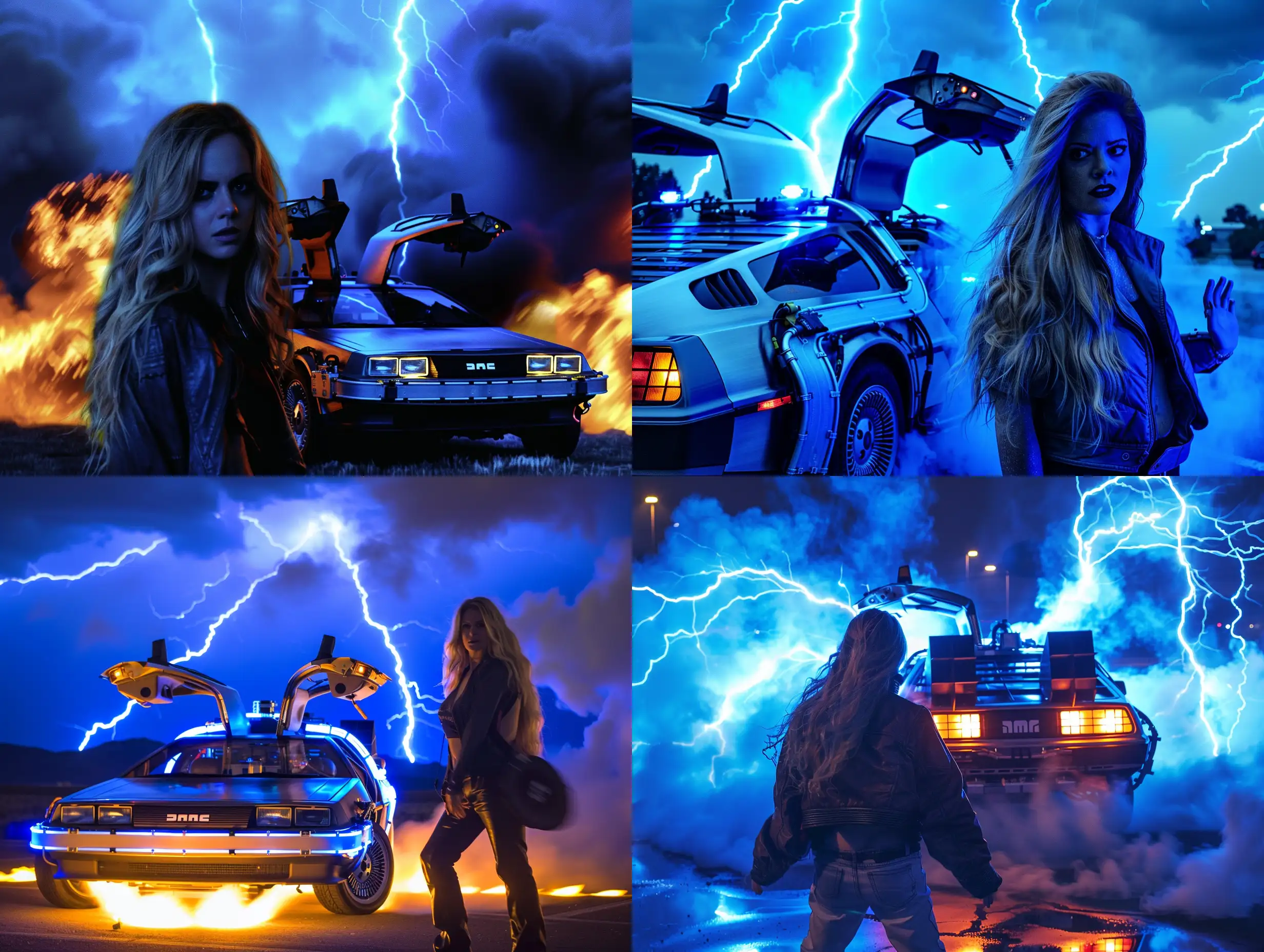 Alicia Silverstone in foreground with Back to the future delorean in background. Lit up, scifi, vivid blue lightning in sky, smoky, fire trails, artistic, 