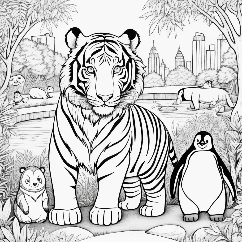 Childs Coloring book describing: Once upon a time, in a zoo nestled amidst a bustling city, lived three unlikely friends: Raja, a majestic tiger with stripes as bold as fire; Mei, a gentle panda with eyes as black as polished stones; and Pip, a playful penguin with a waddle that could melt the iciest heart 