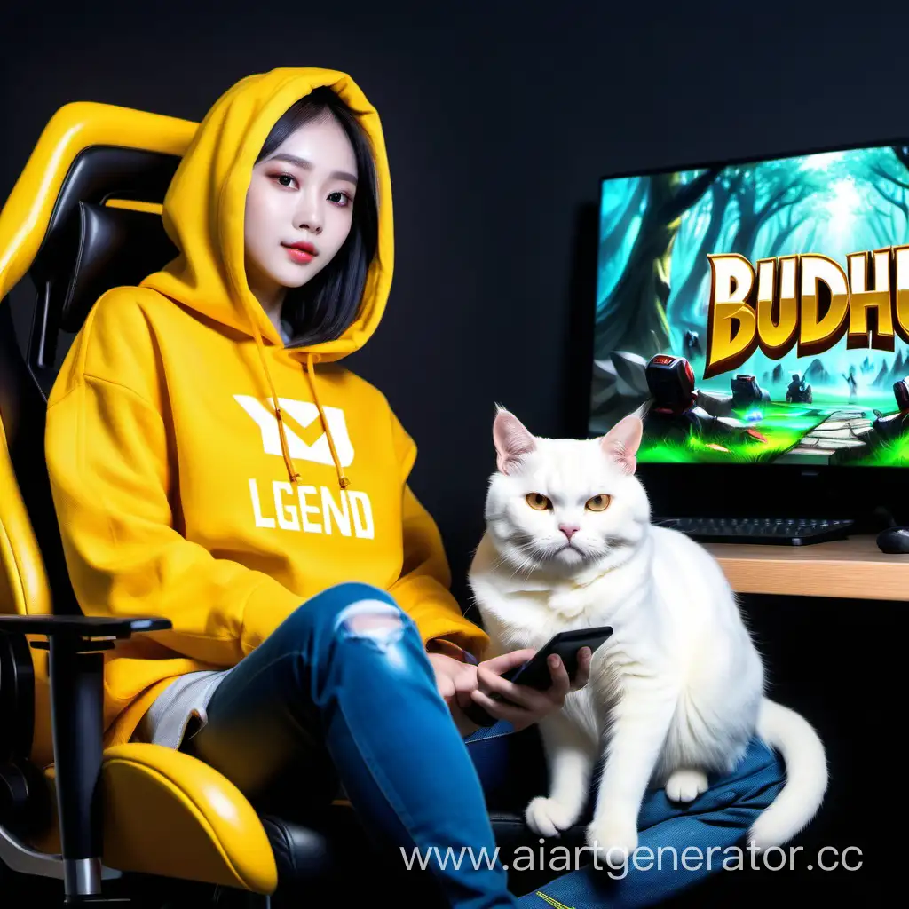 A male person sitting of gaming chair,with labtop,youtube logo ,a mobile legend game, with text ,BuddhaRise, looking at the camera, yellow hoddie, background as a mobile legend game, Nature ligh effect, realistic, Hd , high resaloutin, 8k, gaming room,white cat sitting,on her, inspired by mobile legend game,with green cat,