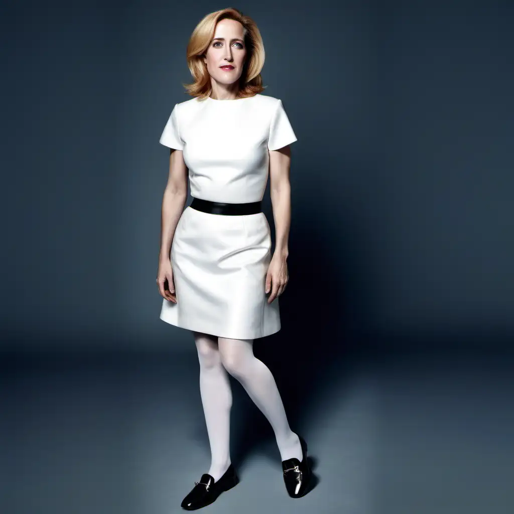 Gillian Anderson Flaunts Chic Wedding Dress with Mini Skirt and Stylish Loafers