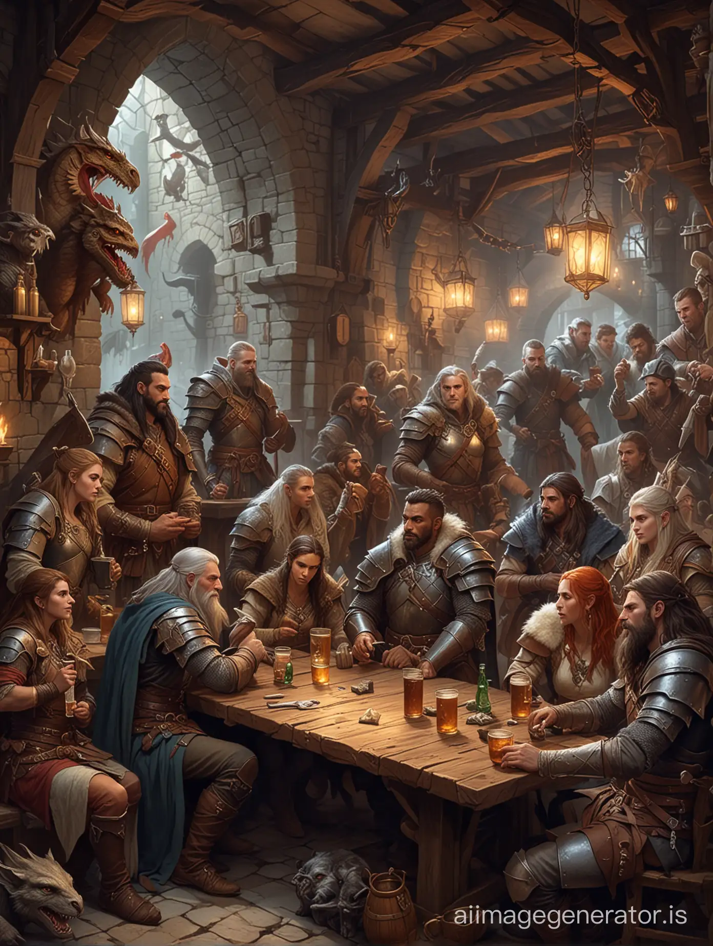 dungeons and dragons theme bar with many medieval people and creatures of different races sitting around drinking
