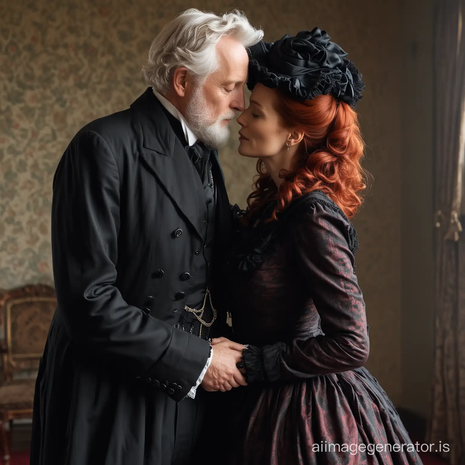 red hair Gillian Anderson wearing a dark crimson floor-length loose billowing 1860 Victorian crinoline dress with a frilly bonnet kissing an old man dressed in a black Victorian suit who seems to be her newlywed husband
