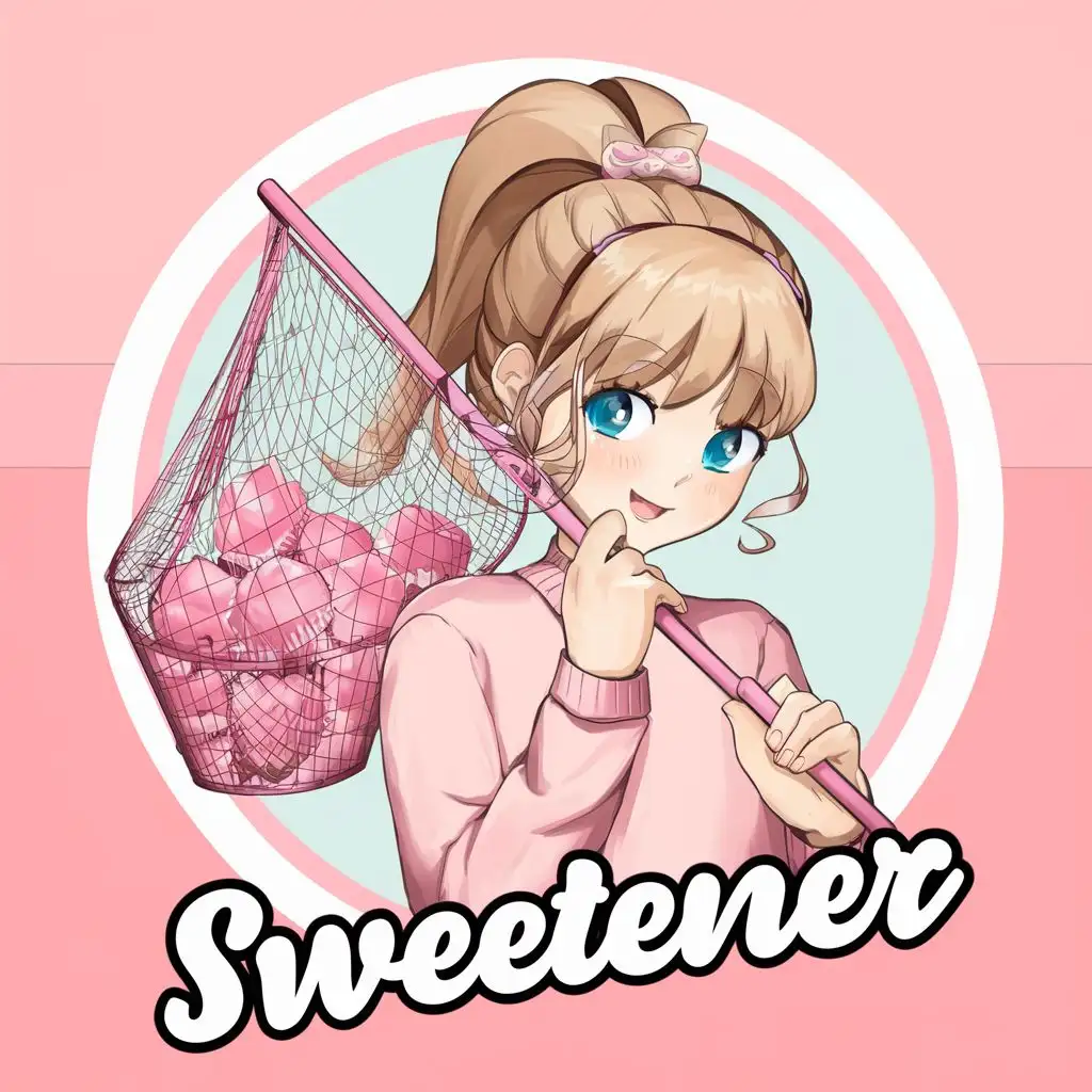 logo, Cute anime girl with a blonde ponytail with a light pink sweater holding a pastel pink butterfly net over her shoulder full of pink cupcakes, with the text "Sweetener", typography