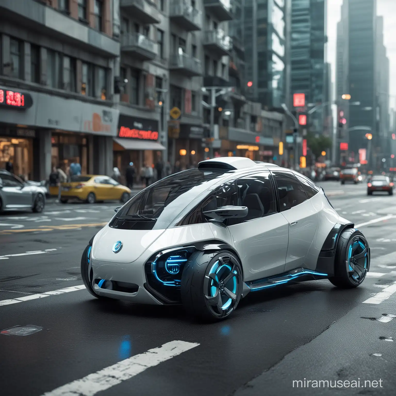 Futuristic Micro Car in Urban Metropolis