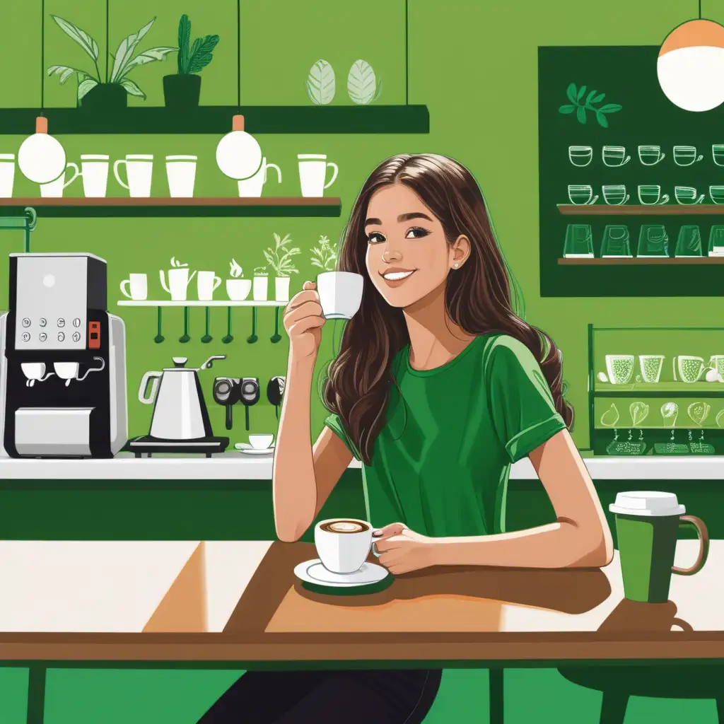 A young woman  enjoying coffee in a green colored coffee bar
