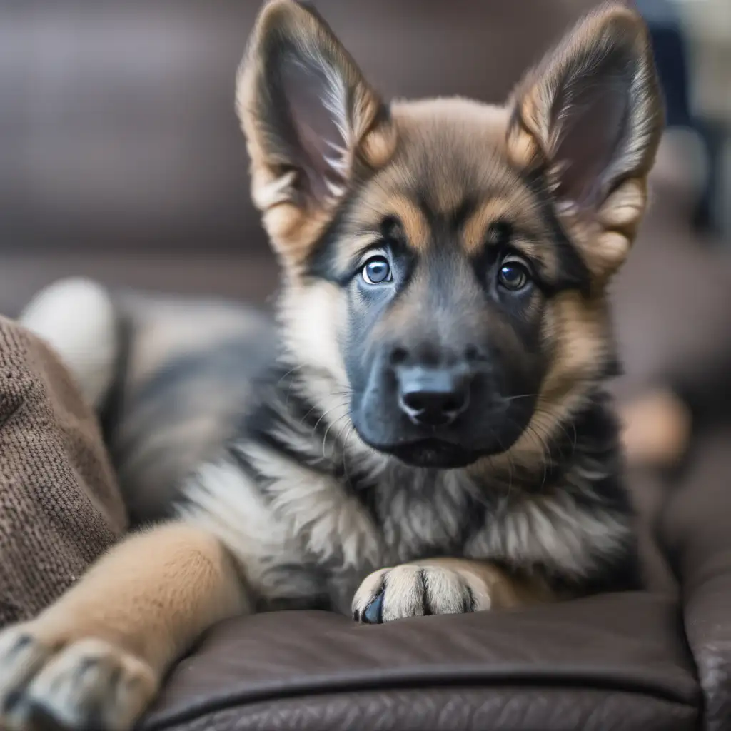 German shepherd puppy, light with darker face fur, giving puppy dog eyes