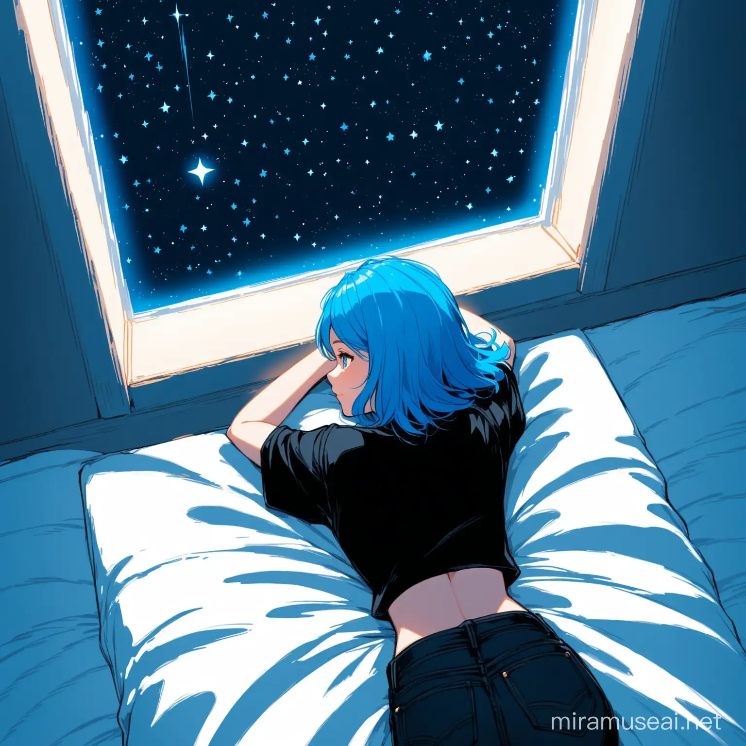 Top-down view of a cartoon-style girl with vibrant blue hair lying on bed, dressed in a black top and black jeans, gazing out of her window at the stars.