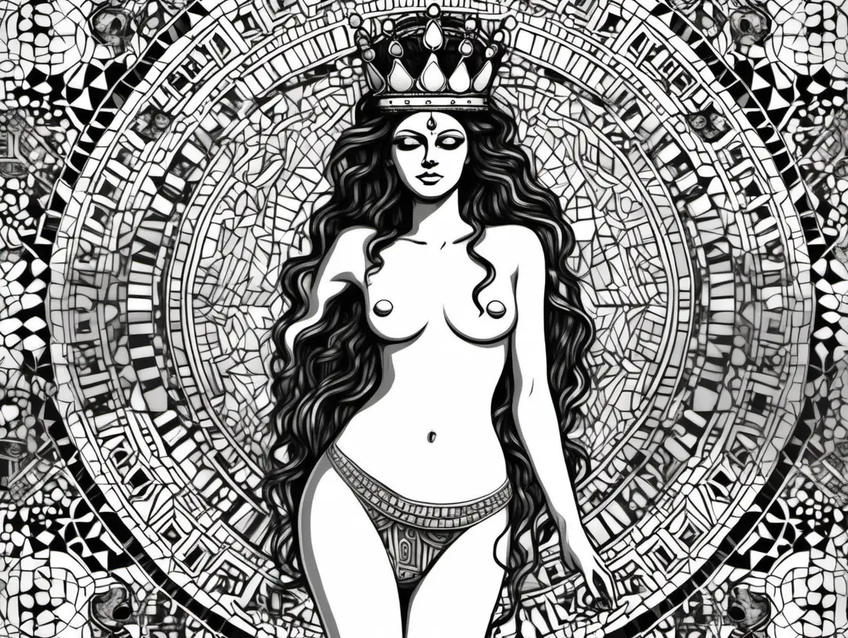 black and white of naked queen with Mosaic Art thin outline doodle white background