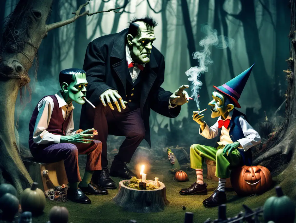 Frankenstein and Pinocchio smoking a joint in an enchanted forest surrounded by trolls and things that go bump in the night