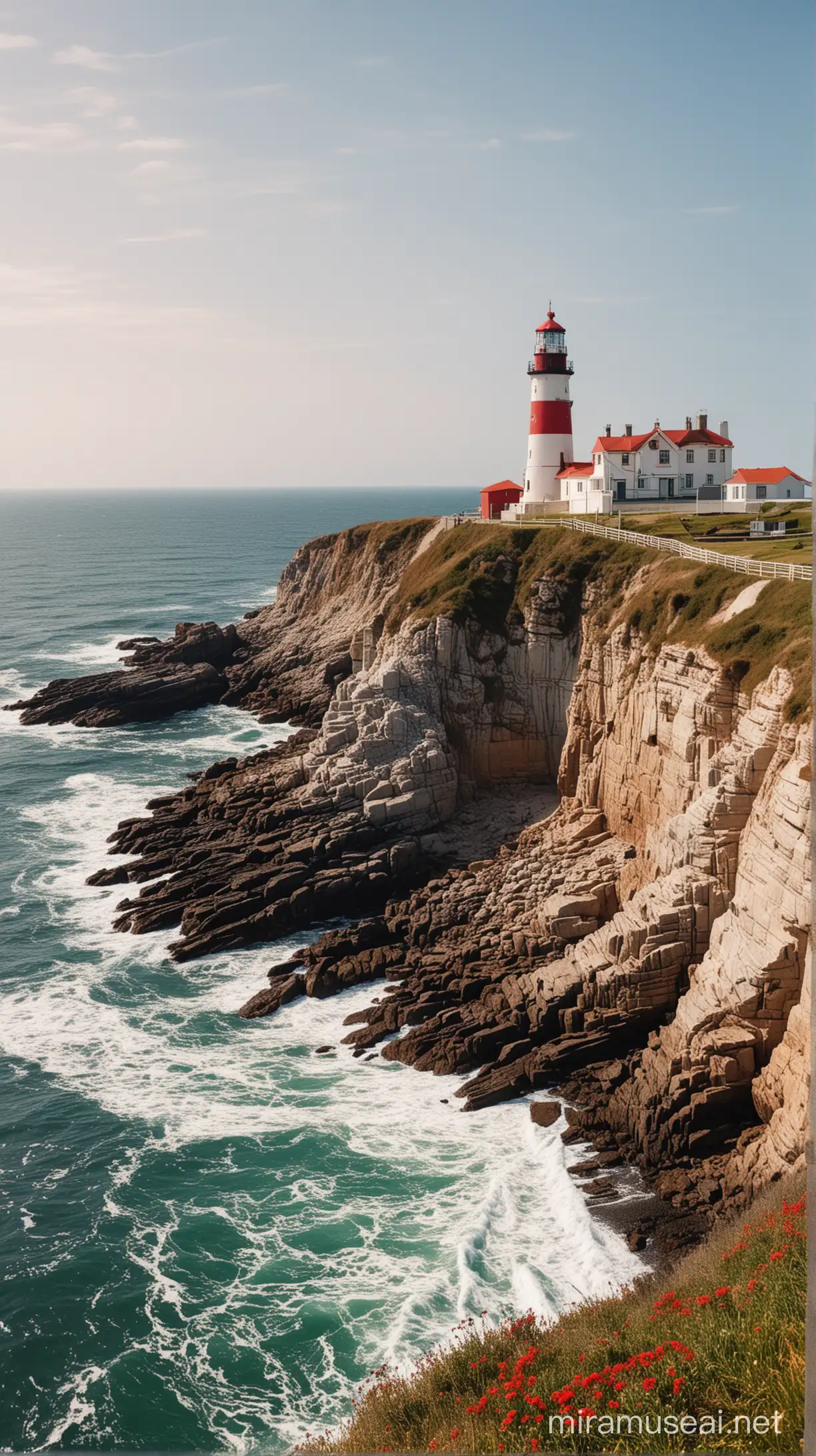 A lighthouse on the cliff by the sea. Beautiful weather during the day. The lighthouse is striped in white and red and is in the right half of the picture.