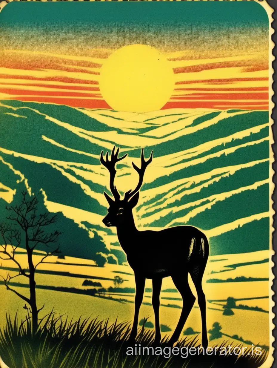 Old postcard, old-fashioned style, title "The Grand Hunt",   sunset, silhouette of roe deer standing on the hill against the background of the sun and beautiful blue valley