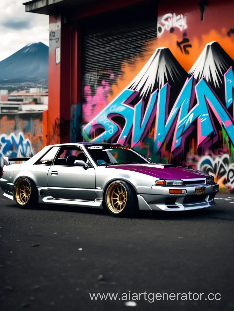 GraffitiCovered-Wall-Silhouette-Tuned-Car-Silvia-S13-Drifting-with-Volcano-Background