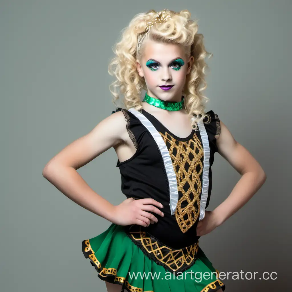 boy transvestite  blonde with a female hairstyle of an irish dancer   
