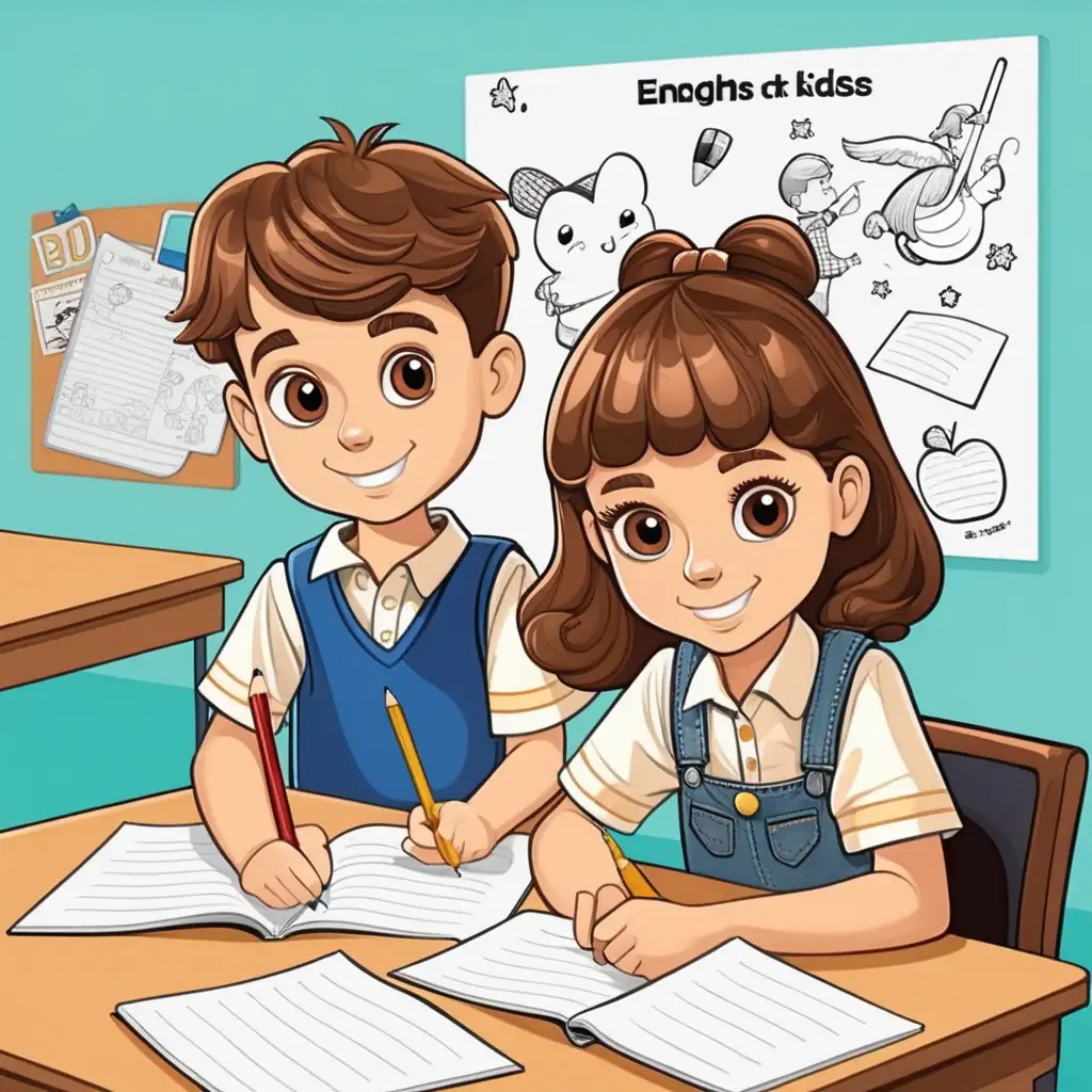 Engaging Cartoon Poster Fun English Learning for Kids with Boy and Girl