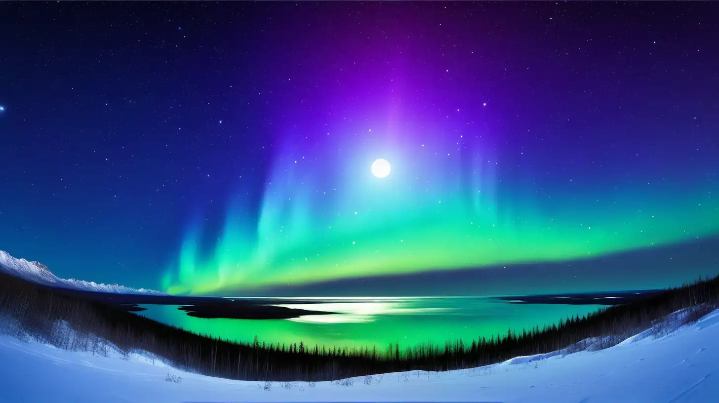 Enchanting Aurora Sky with Vibrant Moon and Stars