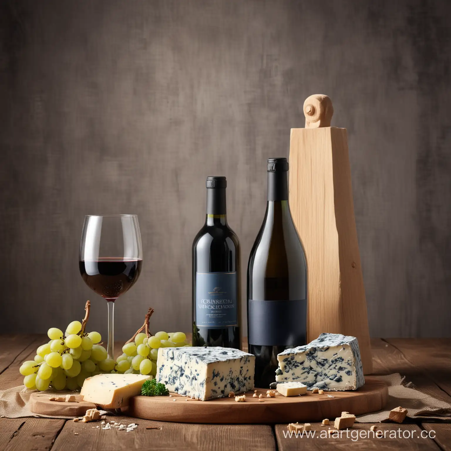 commercial composition with bottle of wine and blue cheese professional realistic photo