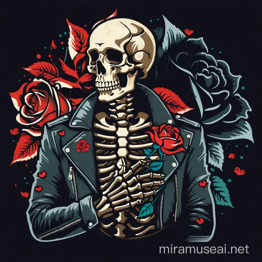 Vintage design, very beautiful drawing, stencils, simple, minimalism, vector art, Sketch drawing, flat, 2d, vintage style,skeleton skeleton wearing leather jacket, The right hand holds a rose and places it above the left chest, close-up "Not the same as the original model"