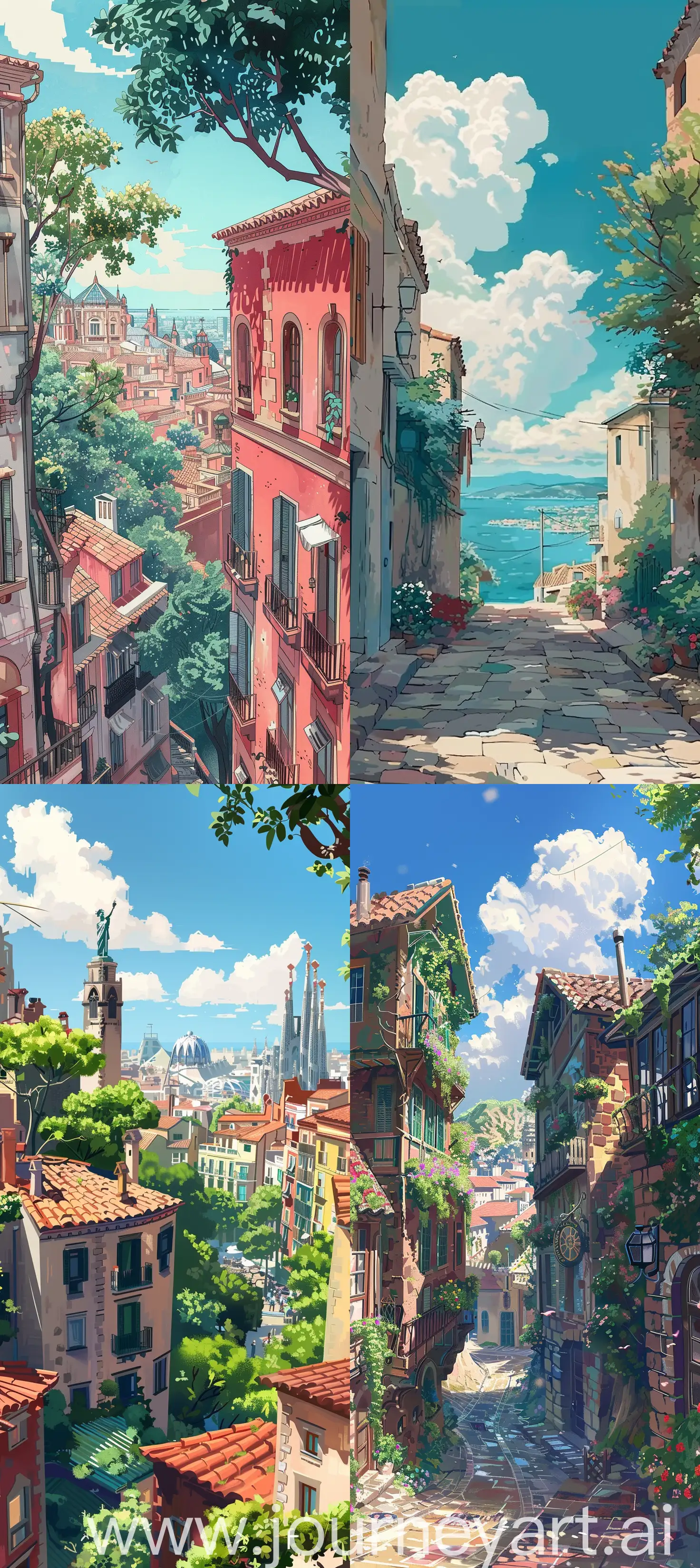 Generate a 4K resolution (400x900) image in the enchanting Studio Ghibli anime style, portraying quintessential landscape of barcelona. Capture the essence of adventure and wonder of this scenic landscape. Emphasize the Studio Ghibli aesthetic with soft colors:: illustration --ar 4:9 --style raw --v 6
