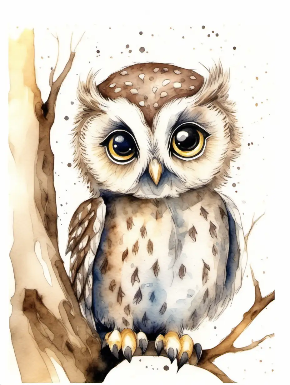 water color drawing of baby owl, woodland style, cute, neutral, big eyes