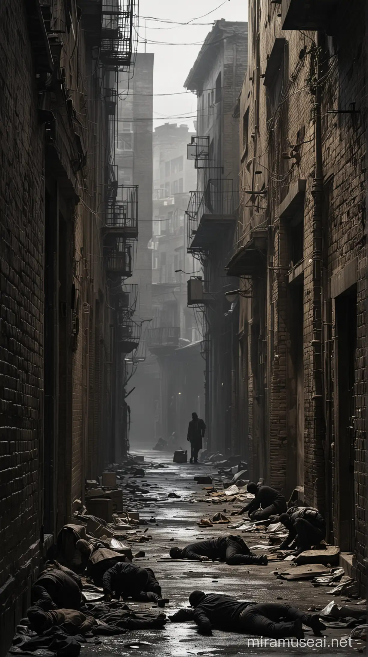 A (((moody setting))) where some of the (((thieves))) involved in a heist have fallen victim, their forms silhouetted against the backdrop of (distressed buildings) and shadowy alleyways