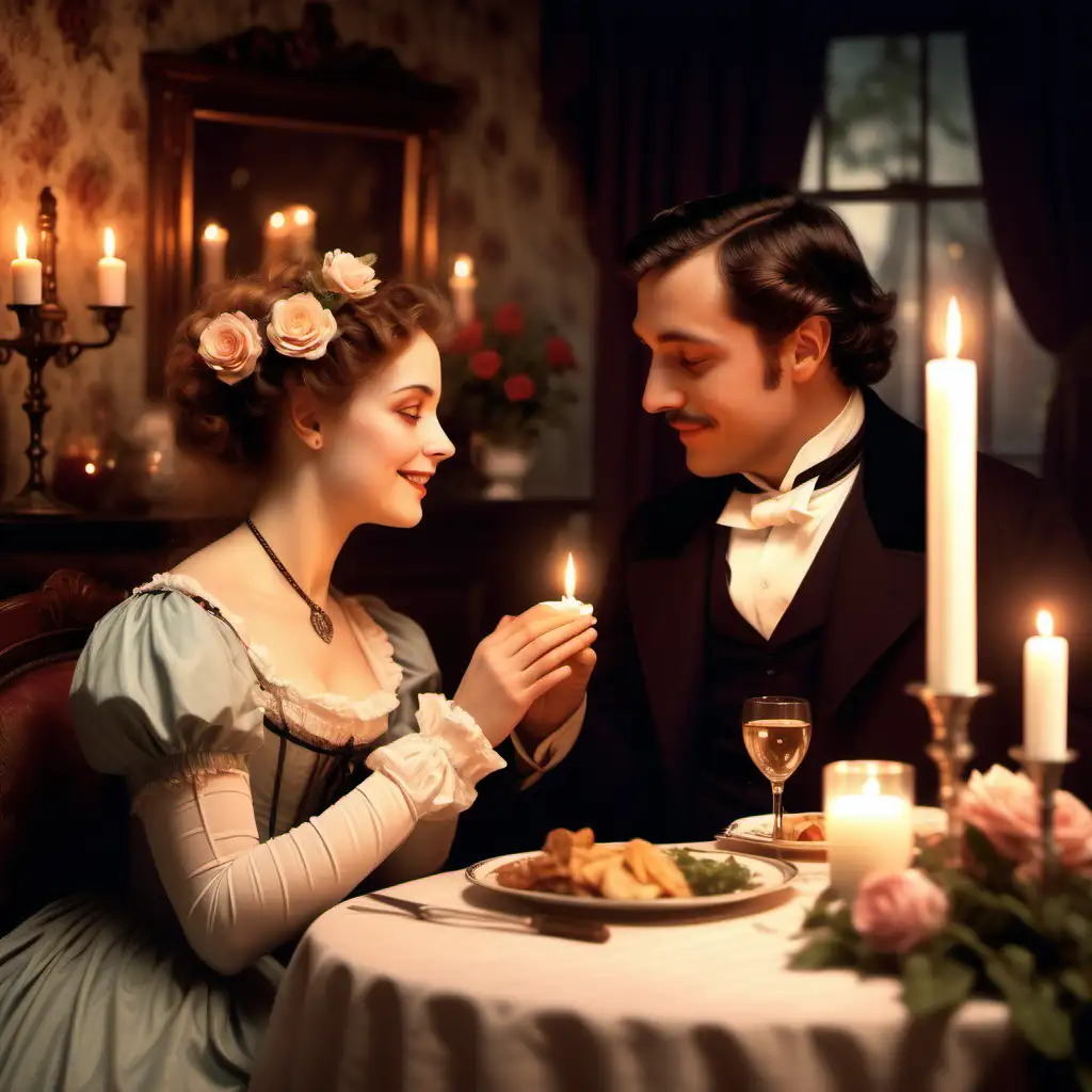 Generate a real photo from the Victorian era showing a cozy scene with two individuals, a man and a woman, spending time together in a romantic atmosphere. It depicts a romantic candlelit dinner with flowers in a Victorian-era restaurant. The facial expressions of the loving couple exude joy and love, while their gestures are gentle and caring, expressing mutual