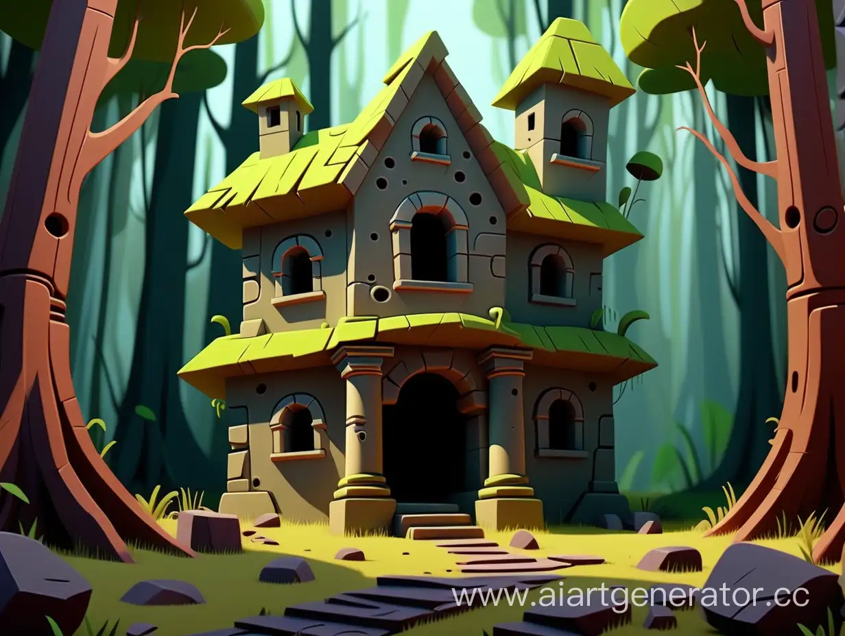cartoon style, 8k, In the middle of the forest, a mysterious little ruin.