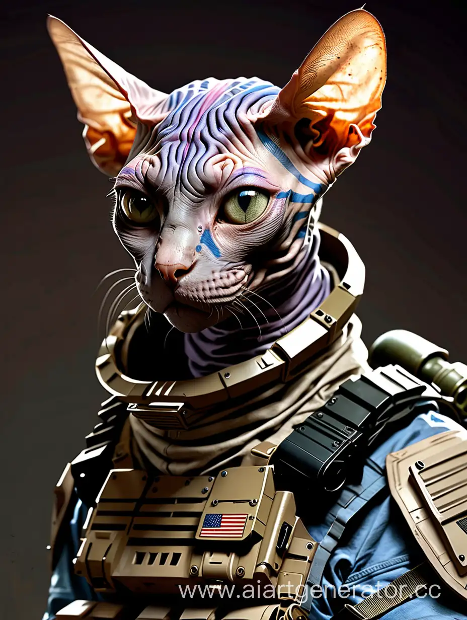 Хуманизация кошки сфинкса в боевой экипировке, будущее