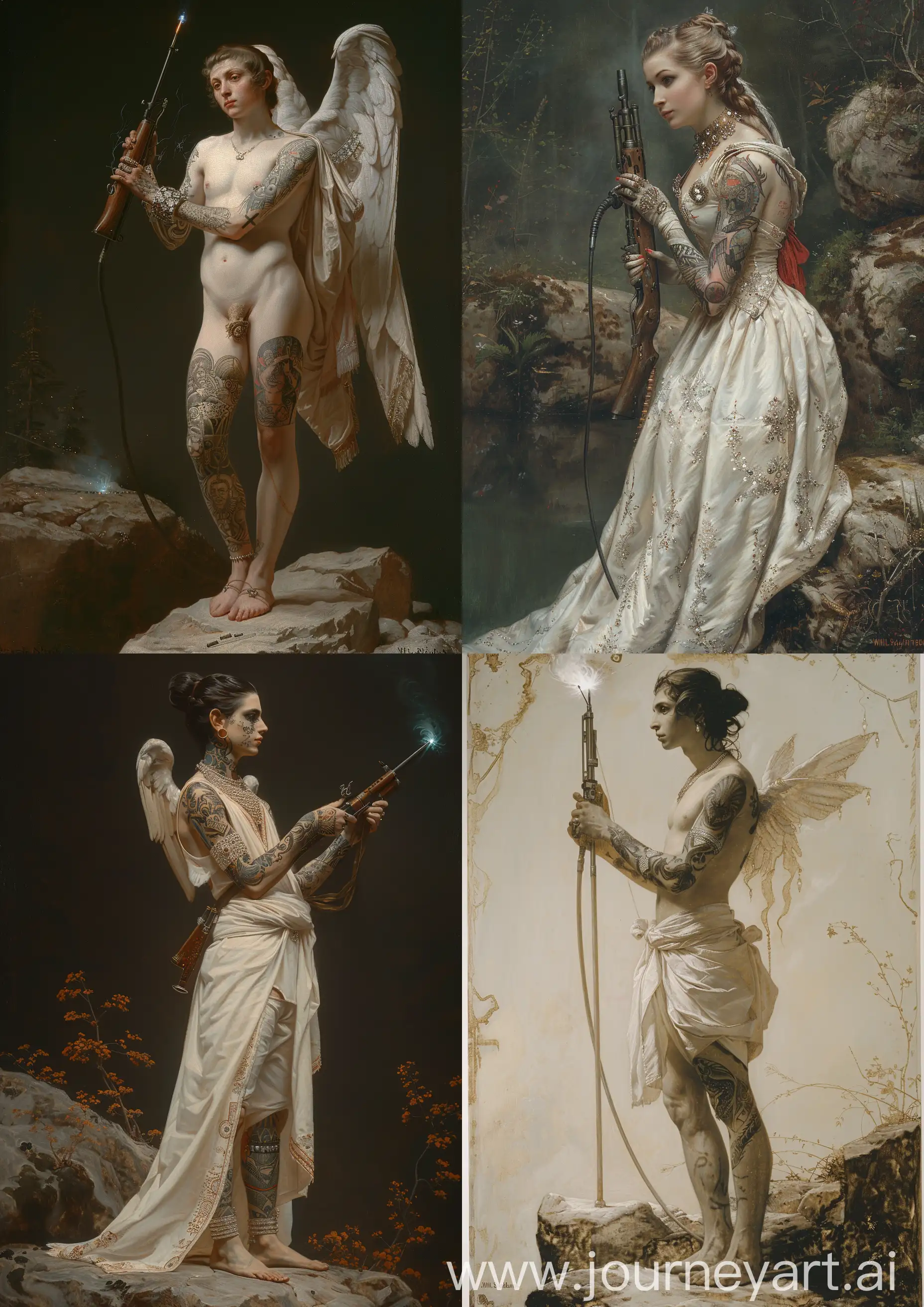 William-Adolphe Bouguereau painting of a tattooed female angel warrior wearing white clothes ornate in diamonds, silk and robes, welding a kalashnikov, standing on a rock, high tones, high detailed, full body —c 22 —s 750 —v 6.0 —ar 5:7
