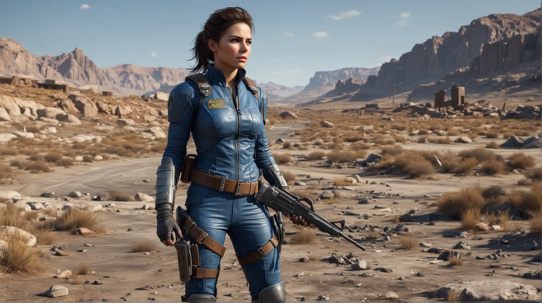 Vault Dweller woman from Fallout, wearing weathered scuffed scratched dirty tight blue jumpsuit, old worn leather armour pads, rifle on her back, pistols in holsters, braving the elements of the harsh brutal unforgiving barren wasteland,

highly detailed, random details, imperfection, detailed face, detailed body, detailed skin textures, skin pores, detailed background, detailed colours hues tones patterns,