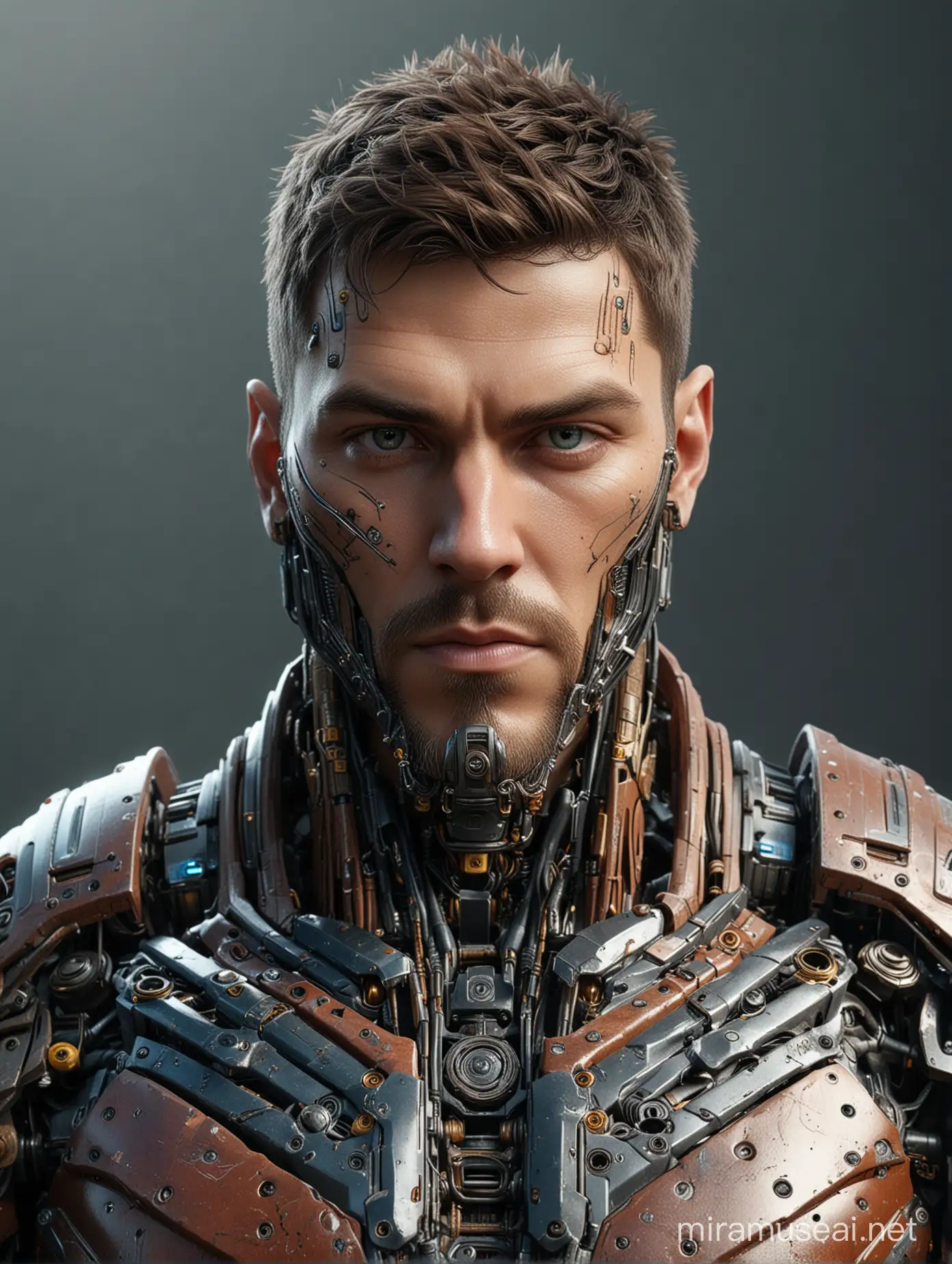 Advanced Cyborg handsome European male Warrior, Mixed Materials, Chaotic, Ceramic and Metal Materials, Colorful, Front View, POV, Symetrical, Ultra Realistic, High Extraordinary, Ultra Sharp, Award Winning Photography, Perfection, 64K, HD, Cinematography, Photorealistic, Epic Composition Unreal Engine, Exquisite Details, Intricate Cinematic, Color Grading, Ultra-Wide Angle, Depth of Field, Hyper-Detailed, Hyper-Realistic, Beautifully Colored, Insane Detail,