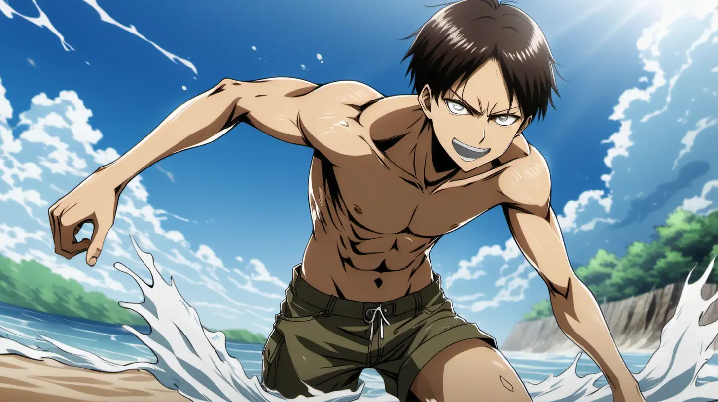 attack on tittan. Beach background. there is only one person in frame and thats Eren. he  is on the right side of the frame playing in the water soaked. The left side of the frame is blank except for the beach. He is wearing shorts with no top. he has a big smile on his face