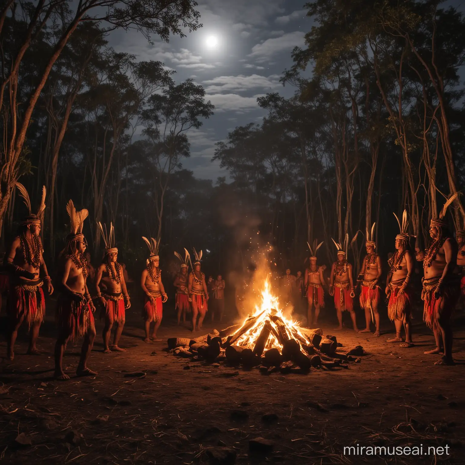 Una tribù di Huli danza nel bosco accanto al falò. La luna splende 