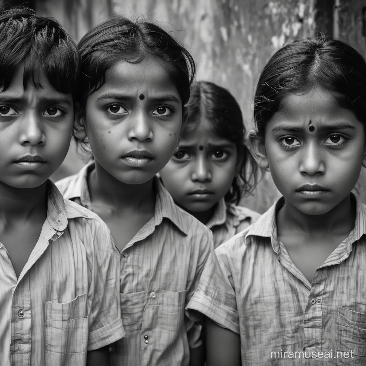 indiske børn i sort/hvid farver der ser triste ud