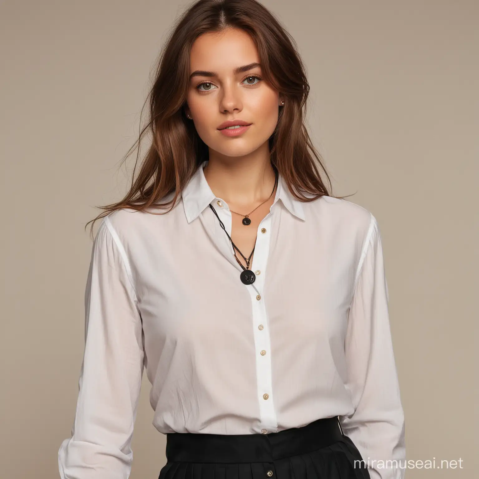 A brown-haired young woman wearing a white button-up shirt thats tied in the front and a black pleated skirt, and a necklace