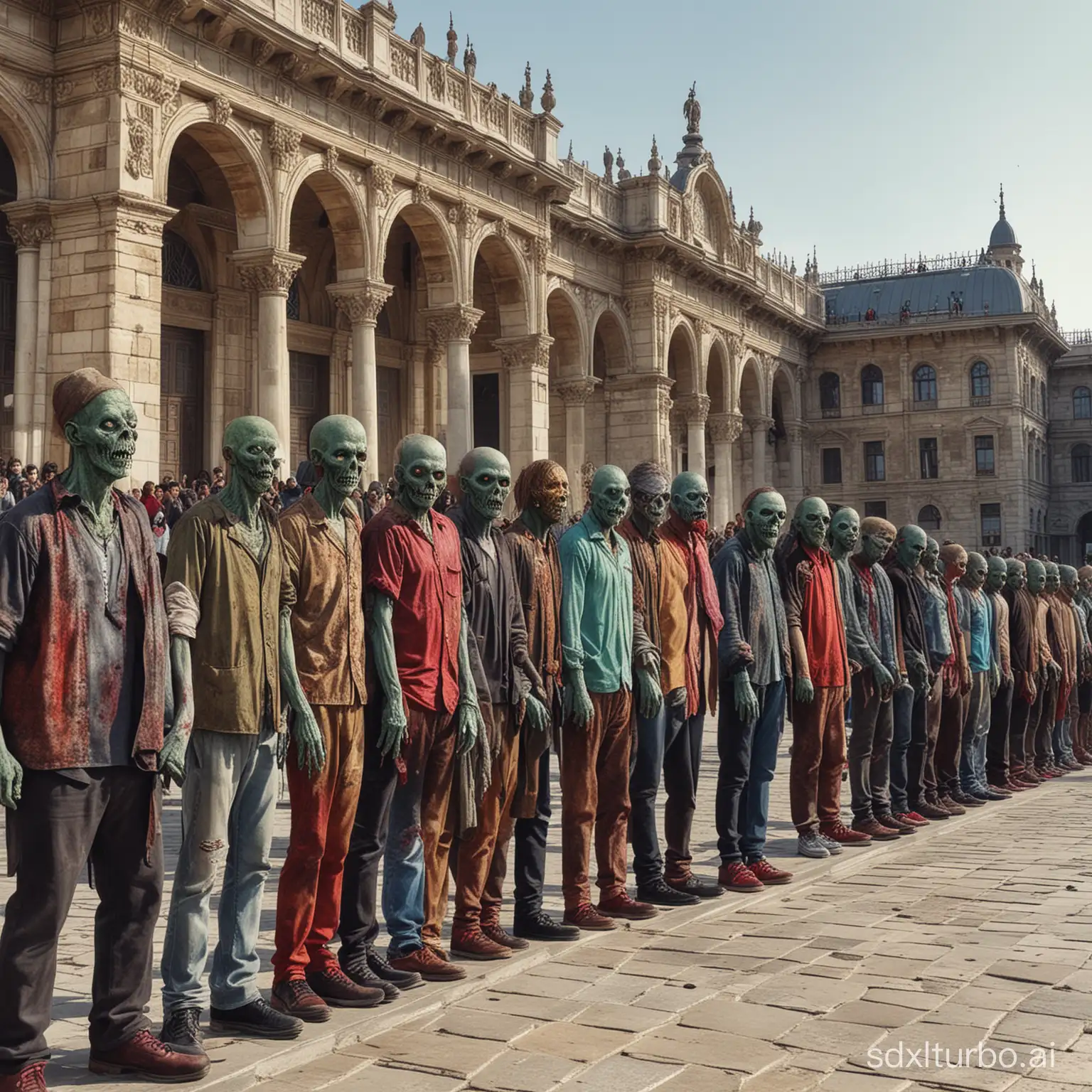 Draw zombies waiting in line in front of the Istanbul Toprakları Palace, let this be a realistic and colorful picture