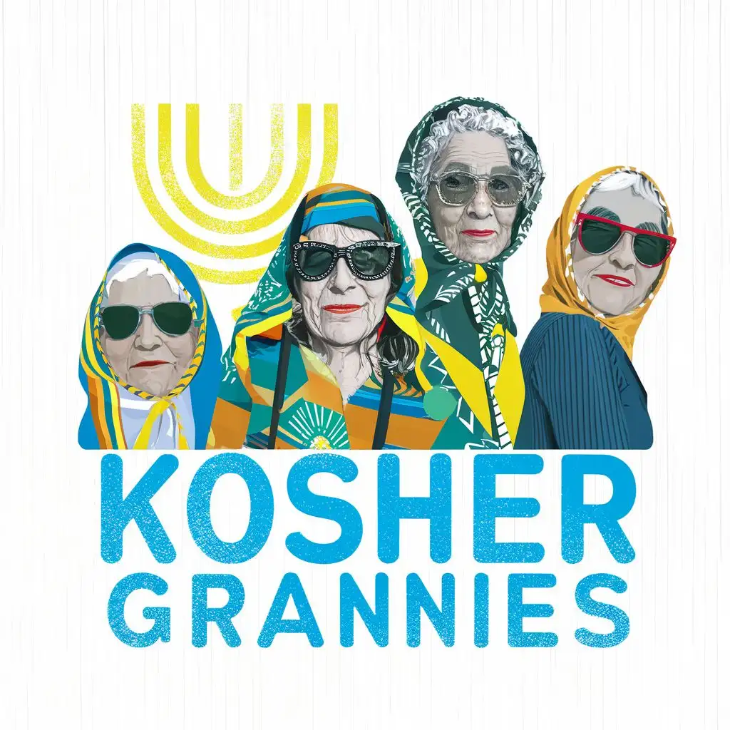 logo, Israel, yellow, blue, white,  4 Jewish old shlchool grannies with sunglasses Israeli colorful headscarves, Paul Klee, with the text "Kosher Grannies", typography, be used in Automotive industry