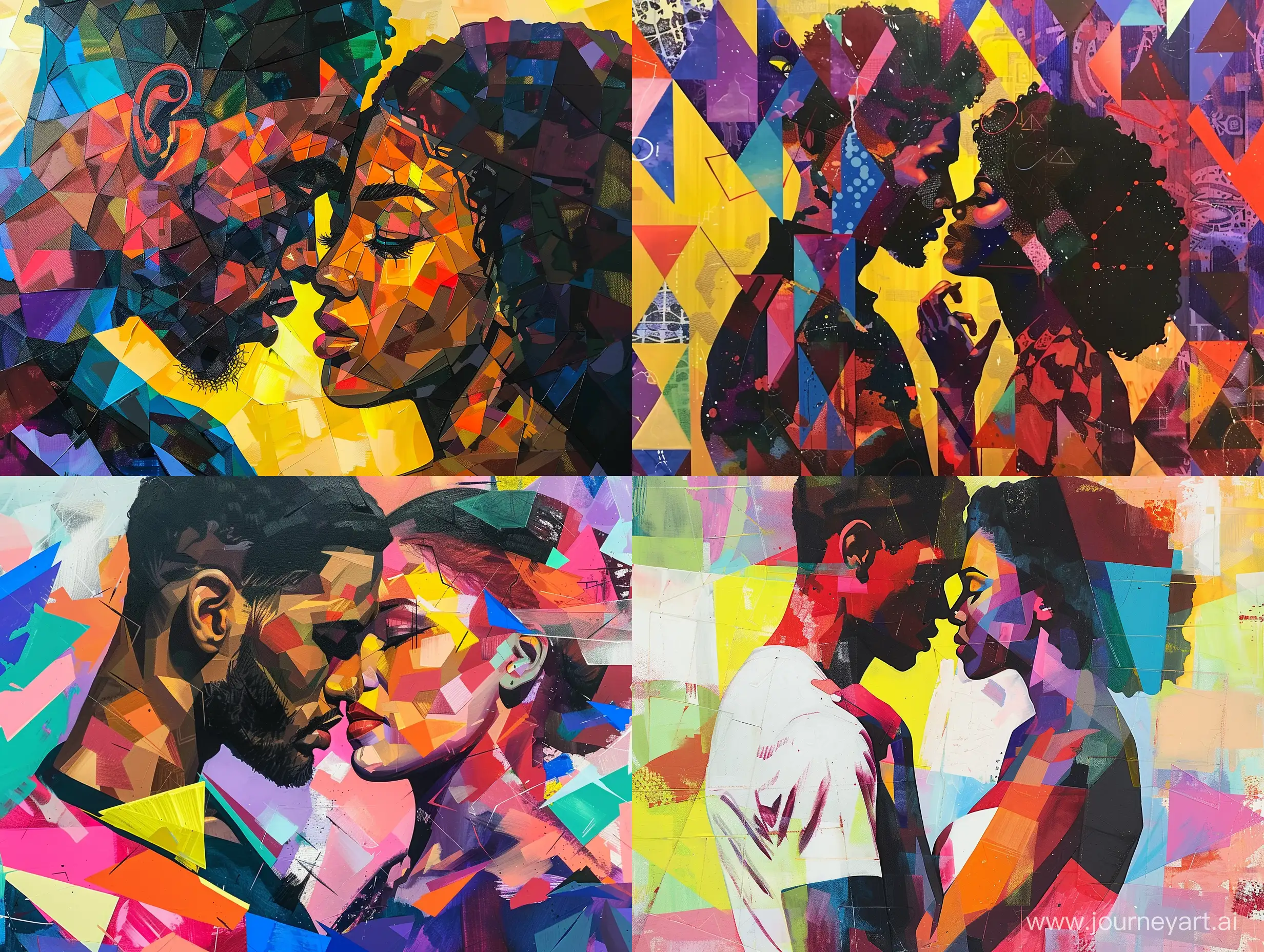abstract geometric full-length love of man and beautiful woman, tons of acrylic, abstract art, inspired in Kehinde Wiley and Luis Royo